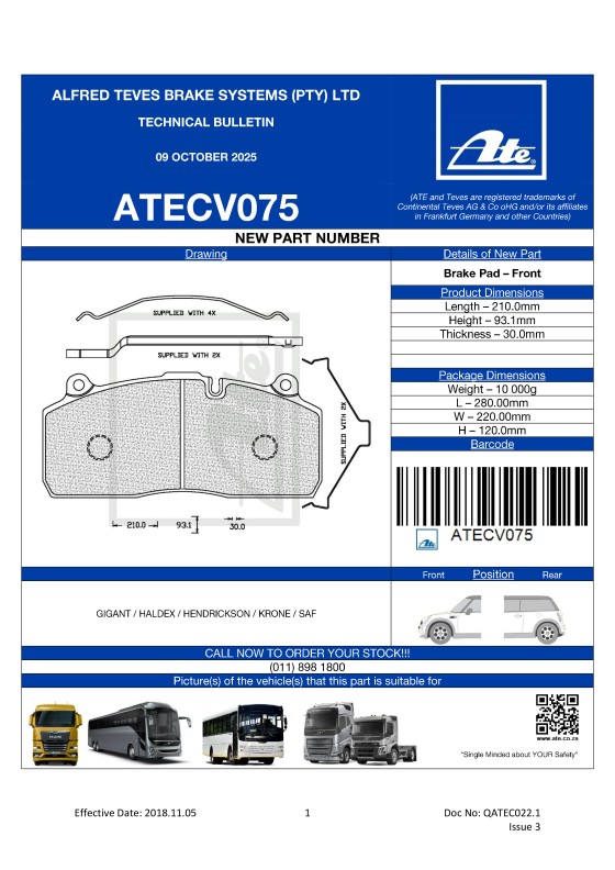 ATECV075 NEW! Brake Pad for SAF, HALDEX, HENDRICKSON, KRONE, GIGANT featured image